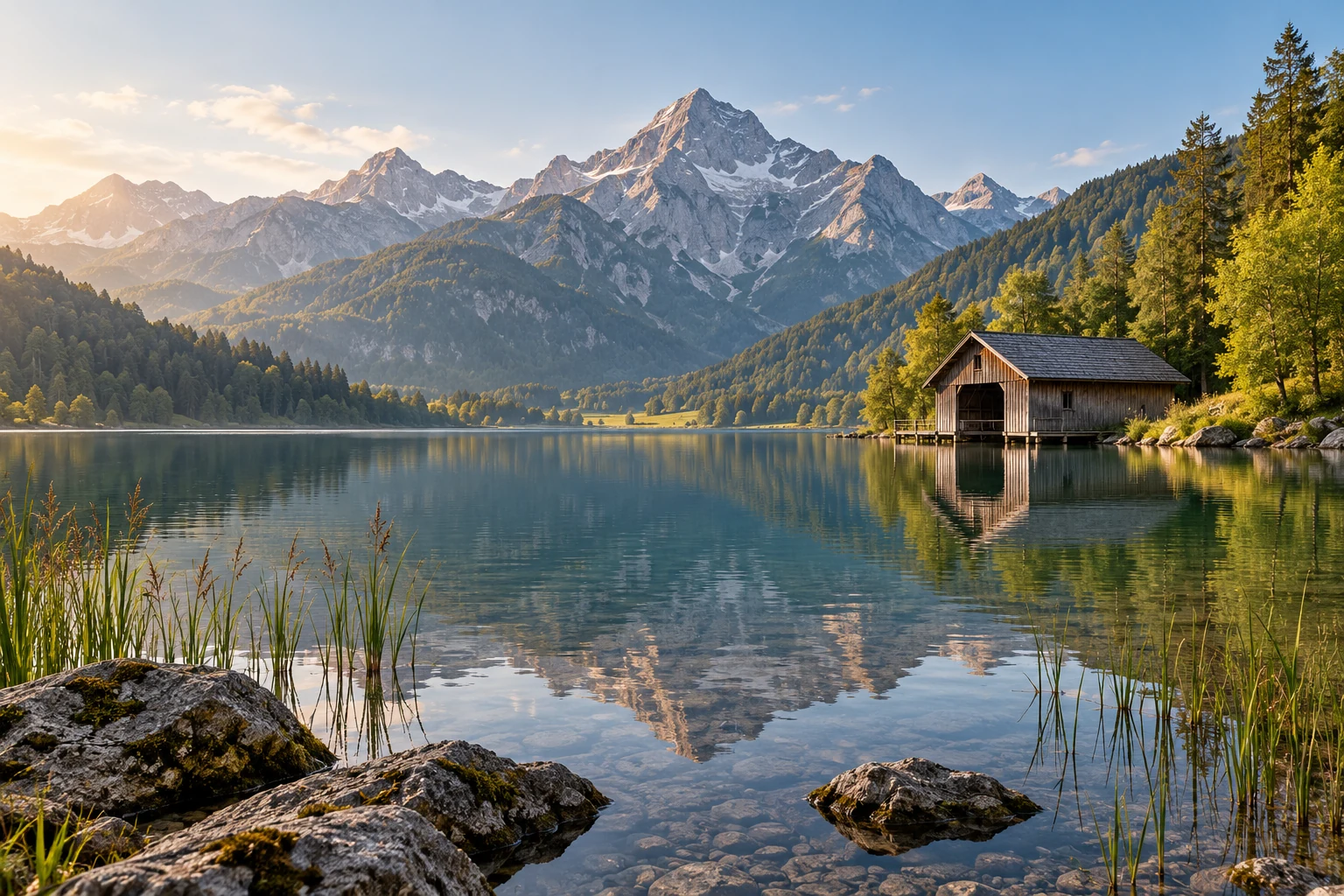 Generiertes Beispielfoto: Bergsee mit Bootshaus